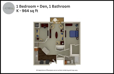 Floor Plan  A floor plan of a 964 square foot apartment with one bedroom and one den.