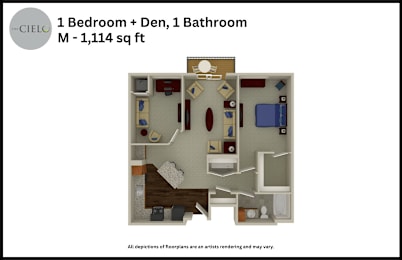 Floor Plan  A floor plan of a one bedroom apartment with den and bathroom.