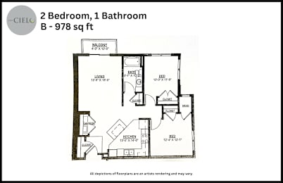 Floor Plan  A black and white image of a floor plan for a 2 bedroom, 1 bathroom apartment.