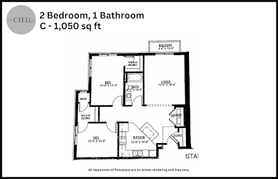 Floor Plan  A black and white image of a floor plan for a 2 bedroom, 1 bathroom apartment.