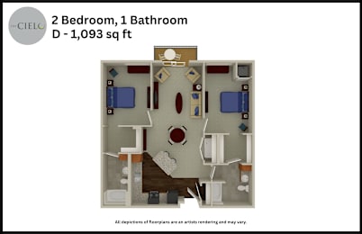 Floor Plan  A floor plan of a 2 bedroom, 1 bathroom apartment sized at 1,093 square feet.