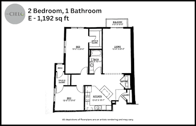 Floor Plan  A black and white image of a floor plan for a 2 bedroom, 1 bathroom apartment.