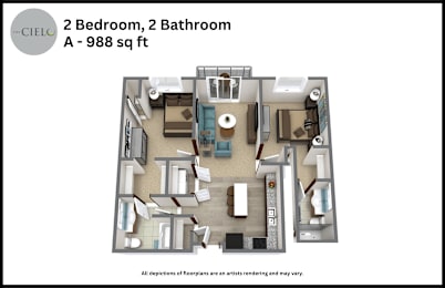 Floor Plan  A floor plan of a 2 bedroom, 2 bathroom apartment sized 988 sq ft.