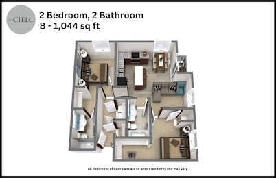Floor Plan  A floor plan of a 2 bedroom, 2 bathroom apartment sized at 1,044 square feet.