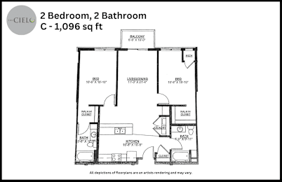 Floor Plan  A floor plan for a 2 bedroom, 2 bathroom apartment sized at 1,096 square feet.