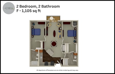 Floor Plan  A floor plan of a 2 bedroom, 2 bathroom apartment sized 1,105 sq ft.