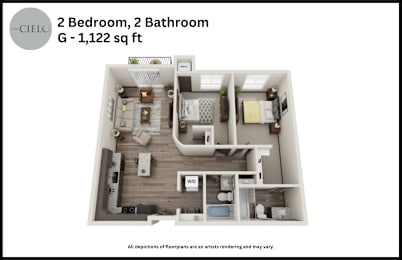 Floor Plan  A floor plan of a 2 bedroom, 2 bathroom apartment sized at 1,122 sq ft.