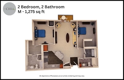 Floor Plan  A floor plan of a 2 bedroom, 2 bathroom apartment sized 1,275 sq ft.