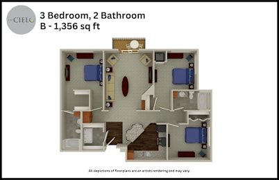 Floor Plan  A floor plan of a 3 bedroom, 2 bathroom apartment sized at 1,356 sq ft.