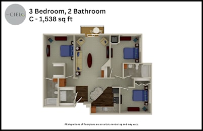 Floor Plan  A 3 Bedroom, 2 Bathroom apartment is 1,538 square feet.