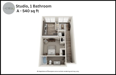 Floor Plan  A 540 sq ft studio apartment with one bathroom.