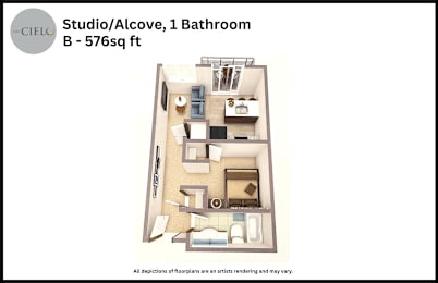 Floor Plan  A floor plan of a studio apartment with a bathroom.