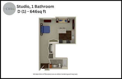 Floor Plan  A floor plan of a studio apartment with one bathroom.