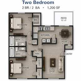 A floor plan of a two bedroom, two bathroom apartment.