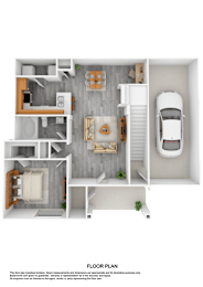 Floor Plan  A floor plan of a house with a kitchen, living room, dining room, and two bedrooms.