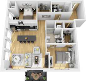 A floor plan of a house with a kitchen, living room, dining room, and bathrooms.