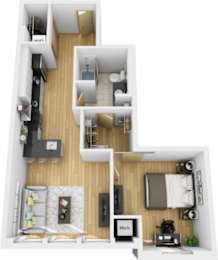 A top down view of a small apartment with a kitchen, living room, and bedroom.