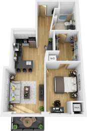 A floor plan of a small apartment with a kitchen, living room, and bedrooms.