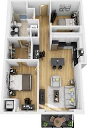 A floor plan of a small apartment with a kitchen, living room, and bedroom.