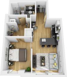 A top-down view of a small apartment layout with a living room, kitchen, and bedroom.