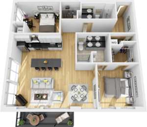 A top-down view of a modern apartment layout with a kitchen, living room, and bedroom.
