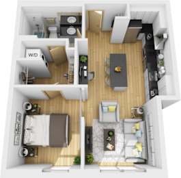 A top-down view of a small apartment with a kitchen, living room, and bedroom.