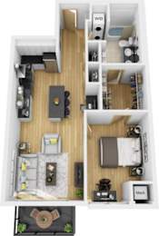 A floor plan of a small apartment with a kitchen, living room, and bedroom.