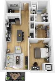 A floor plan of a small apartment with a kitchen, living room, and bedroom.