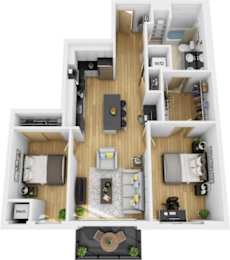 A top-down view of a small apartment layout with labeled rooms.