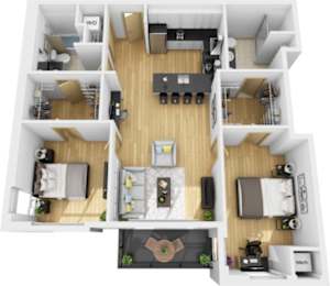 A top-down view of a modern apartment layout with a living room, kitchen, and two bedrooms.