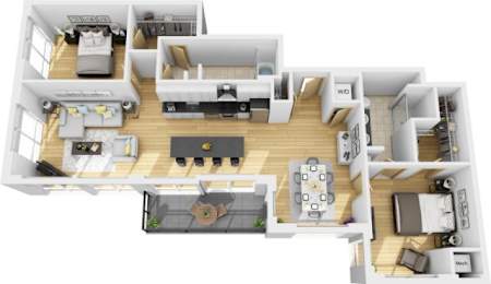 A 3D floor plan of a house with labeled rooms.