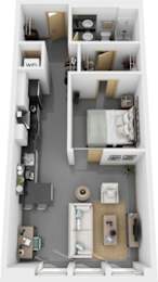 A top-down view of a small apartment with a kitchen, living room, and bathroom.