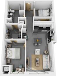 A floor plan of a small apartment with two bedrooms and a living area.