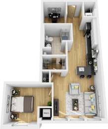 A floor plan of a house with a kitchen, living room, and bedrooms.