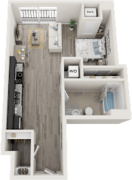 A floor plan of a one bedroom apartment with a living room, kitchen, and bathroom.