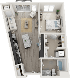 A top-down view of a small apartment with a kitchen, living room, and bedroom.