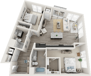 A detailed 3D floor plan of a two-bedroom apartment.