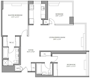 A floor plan of a home with a master bedroom, living/dining room, and two other bedrooms.