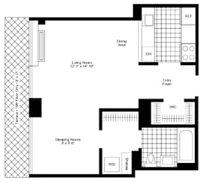 A floor plan of a house with a living room, dining area, kitchen, and sleeping alcove.