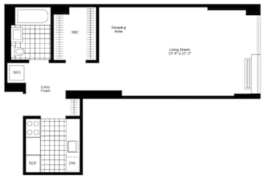 A floor plan of a house with a living room, dining room, and kitchen.