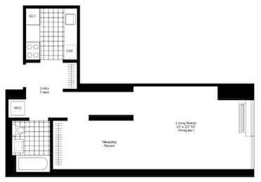 A black and white floor plan of a small apartment.