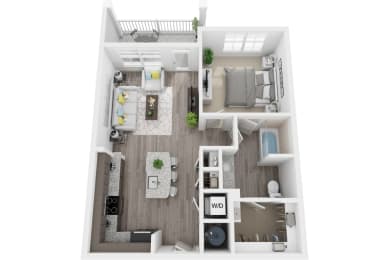 3D 742sf 1 bed 1 bath floor plan at The Flats at Ballantyne, Ballantyne, NC
