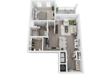 3D 775sf 1 bed 1 bath floor plan at The Flats at Ballantyne, Ballantyne, 28277