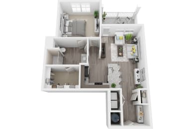 3D 811sf 1 bed 1 bath floor plan at The Flats at Ballantyne, Ballantyne, 28277