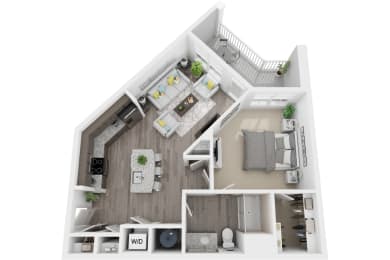 3D 760sf 1 bed 1 bath floor plan at The Flats at Ballantyne, Ballantyne, NC, 28277