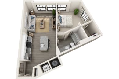 1 bed 1 bath 688 sf 3D floor plan at 1010 Dilworth Apartments, Charlotte, NC