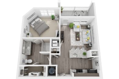 3D 716sf 1 bed 1 bath floor plan at The Flats at Ballantyne, Ballantyne, North Carolina