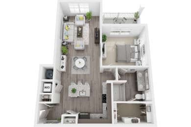 3D 883sf 1 bed 1 bath floor plan at The Flats at Ballantyne, Ballantyne, NC, 28277