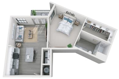 1 bed 1 bath 810 sf 3D floor plan at 1010 Dilworth Apartments, Charlotte, 28204