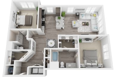 3D 1193sf 2 bed 2 bath floor plan at The Flats at Ballantyne, North Carolina